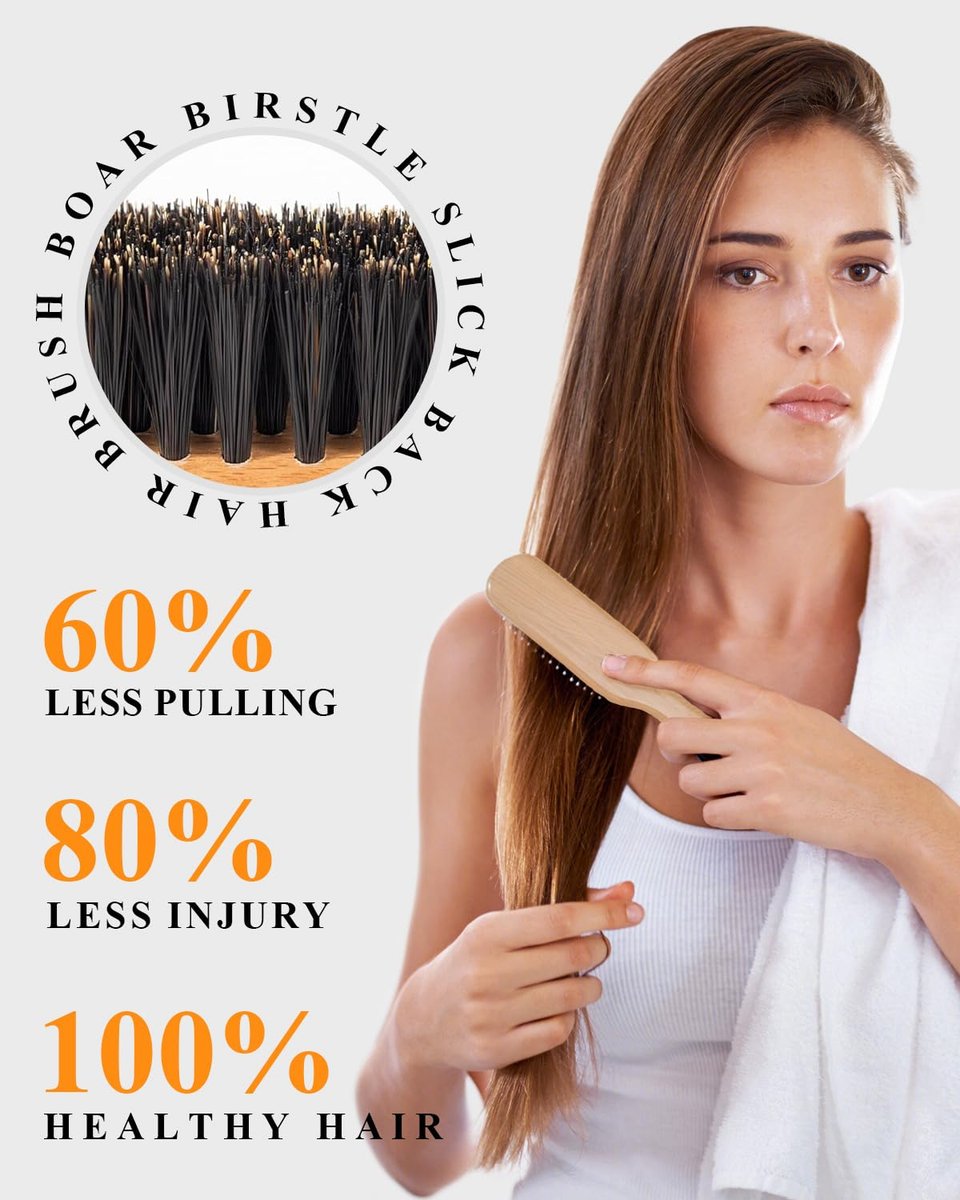 100% Boar Bristle Slick Back Hair Brush | Natural Peach Wood Handle | Restores Shine, Controls Frizz, Smooths Flyaways | Teasing Adds Volume Styling Tool | For Sleek Ponytails, Buns & Beard Grooming - görsel 11