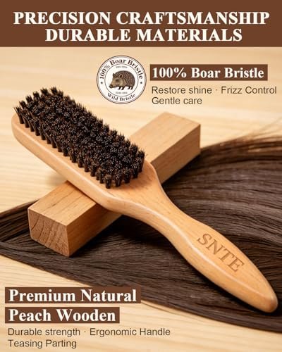 100% Boar Bristle Slick Back Hair Brush | Natural Peach Wood Handle | Restores Shine, Controls Frizz, Smooths Flyaways | Teasing Adds Volume Styling Tool | For Sleek Ponytails, Buns & Beard Grooming - görsel 4
