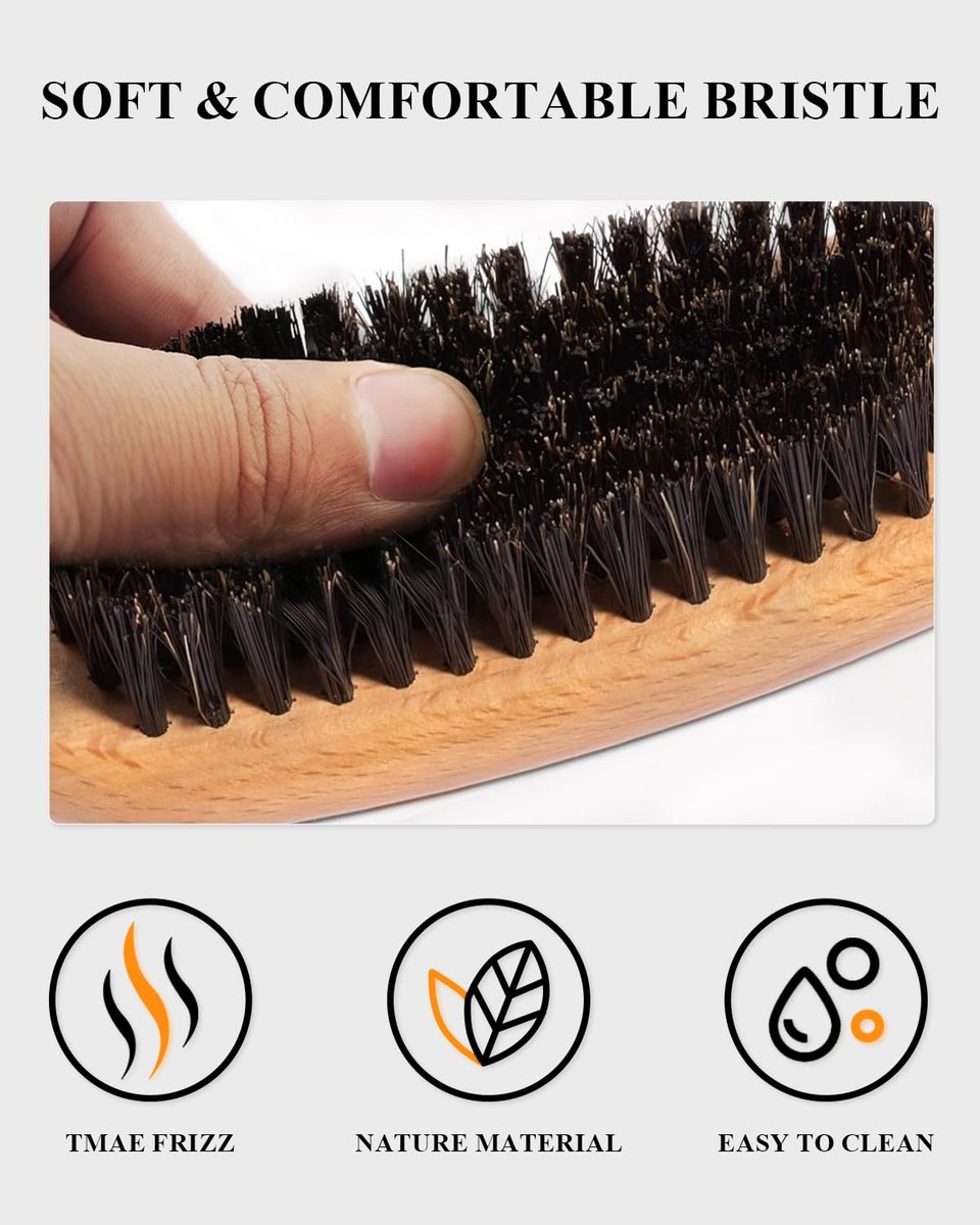 100% Boar Bristle Slick Back Hair Brush | Natural Peach Wood Handle | Restores Shine, Controls Frizz, Smooths Flyaways | Teasing Adds Volume Styling Tool | For Sleek Ponytails, Buns & Beard Grooming - görsel 13