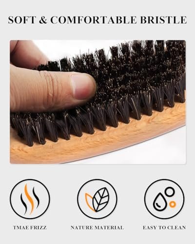 100% Boar Bristle Slick Back Hair Brush | Natural Peach Wood Handle | Restores Shine, Controls Frizz, Smooths Flyaways | Teasing Adds Volume Styling Tool | For Sleek Ponytails, Buns & Beard Grooming - görsel 14