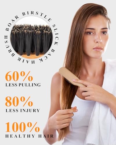 100% Boar Bristle Slick Back Hair Brush | Natural Peach Wood Handle | Restores Shine, Controls Frizz, Smooths Flyaways | Teasing Adds Volume Styling Tool | For Sleek Ponytails, Buns & Beard Grooming - görsel 12