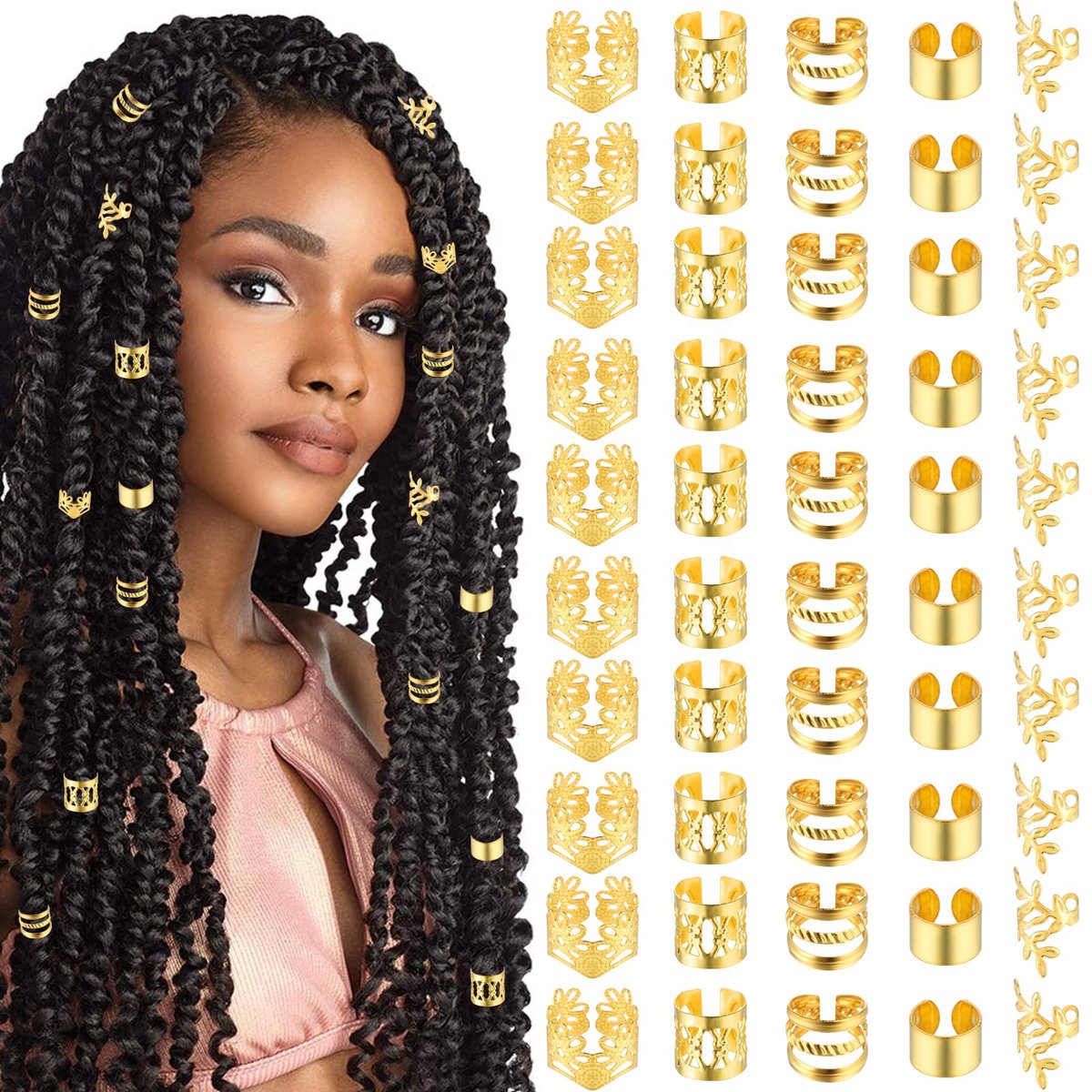Tyqour 50pcs Gold Hair Jewelry for Braids – Adjustable Hair Rings, Cuffs & Charms for Dreadlocks, Loc Jewelry, Hair Beads Decorations for Men & Women - görsel 1