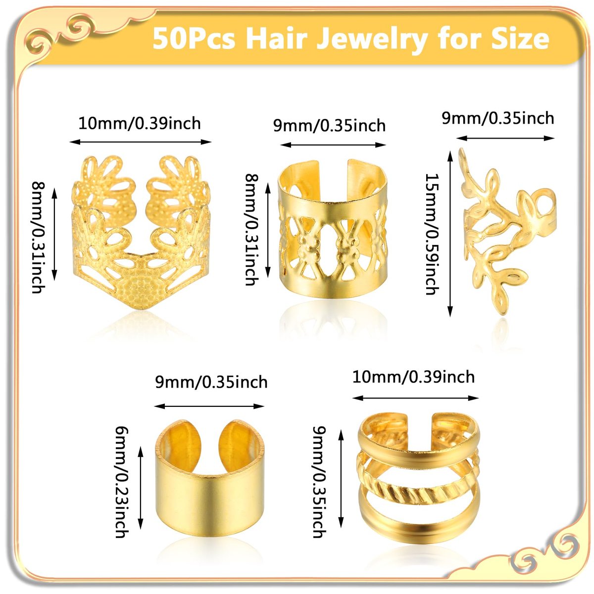 Tyqour 50pcs Gold Hair Jewelry for Braids – Adjustable Hair Rings, Cuffs & Charms for Dreadlocks, Loc Jewelry, Hair Beads Decorations for Men & Women - görsel 5