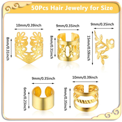 Tyqour 50pcs Gold Hair Jewelry for Braids – Adjustable Hair Rings, Cuffs & Charms for Dreadlocks, Loc Jewelry, Hair Beads Decorations for Men & Women