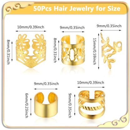 Tyqour 50pcs Gold Hair Jewelry for Braids – Adjustable Hair Rings, Cuffs & Charms for Dreadlocks, Loc Jewelry, Hair Beads Decorations for Men & Women