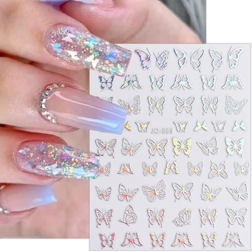 6 Sheets 3D Holographic Rose Butterfly Nail Art Stickers - Gold Sun Moon Star Decals, Laser Designs for Women - görsel 12