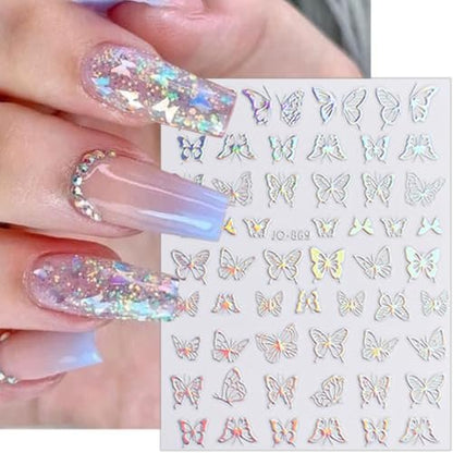 6 Sheets 3D Holographic Rose Butterfly Nail Art Stickers - Gold Sun Moon Star Decals, Laser Designs for Women