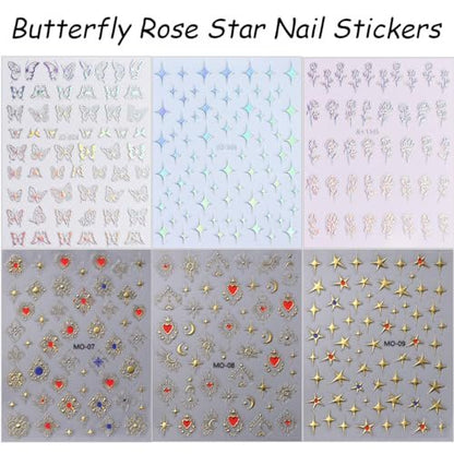 6 Sheets 3D Holographic Rose Butterfly Nail Art Stickers - Gold Sun Moon Star Decals, Laser Designs for Women