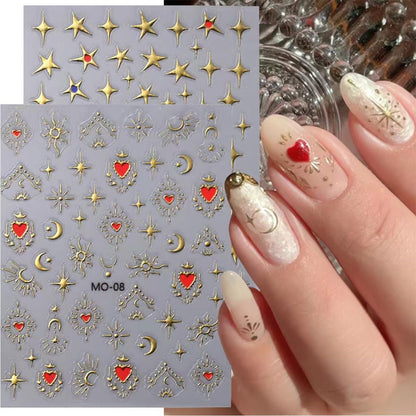 6 Sheets 3D Holographic Rose Butterfly Nail Art Stickers - Gold Sun Moon Star Decals, Laser Designs for Women