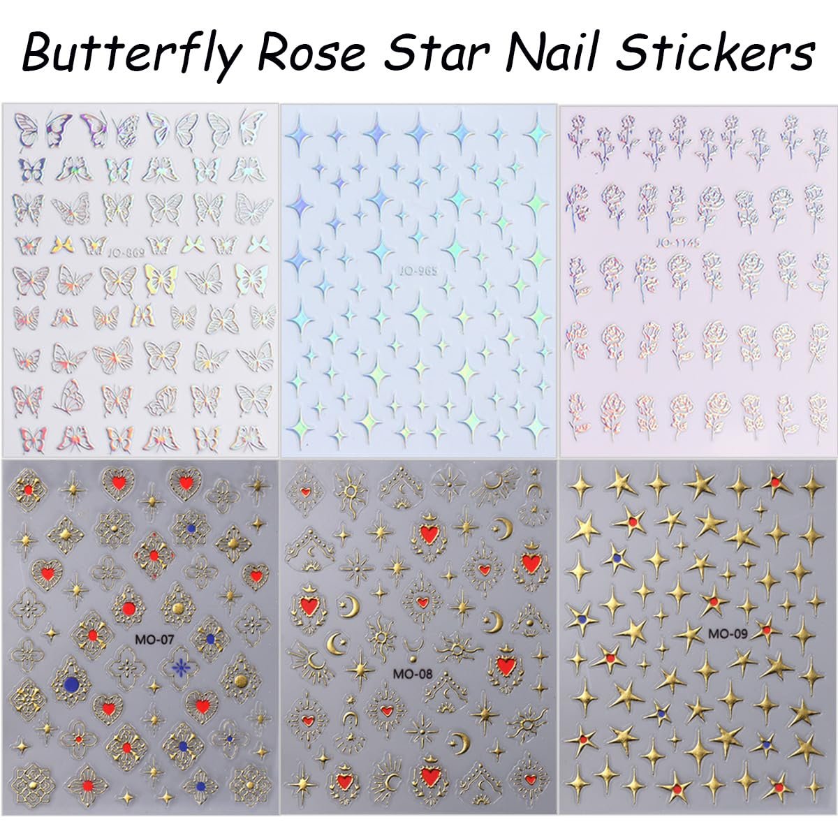 6 Sheets 3D Holographic Rose Butterfly Nail Art Stickers - Gold Sun Moon Star Decals, Laser Designs for Women - görsel 13