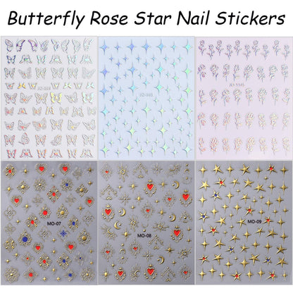 6 Sheets 3D Holographic Rose Butterfly Nail Art Stickers - Gold Sun Moon Star Decals, Laser Designs for Women