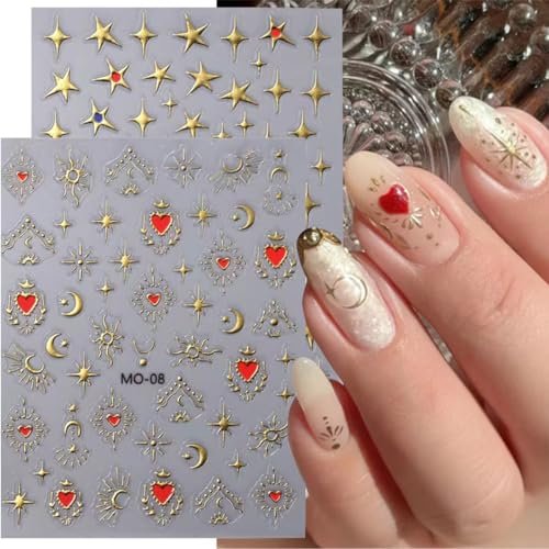 6 Sheets 3D Holographic Rose Butterfly Nail Art Stickers - Gold Sun Moon Star Decals, Laser Designs for Women - görsel 8
