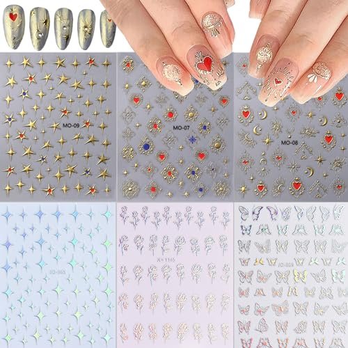 6 Sheets 3D Holographic Rose Butterfly Nail Art Stickers - Gold Sun Moon Star Decals, Laser Designs for Women - görsel 2