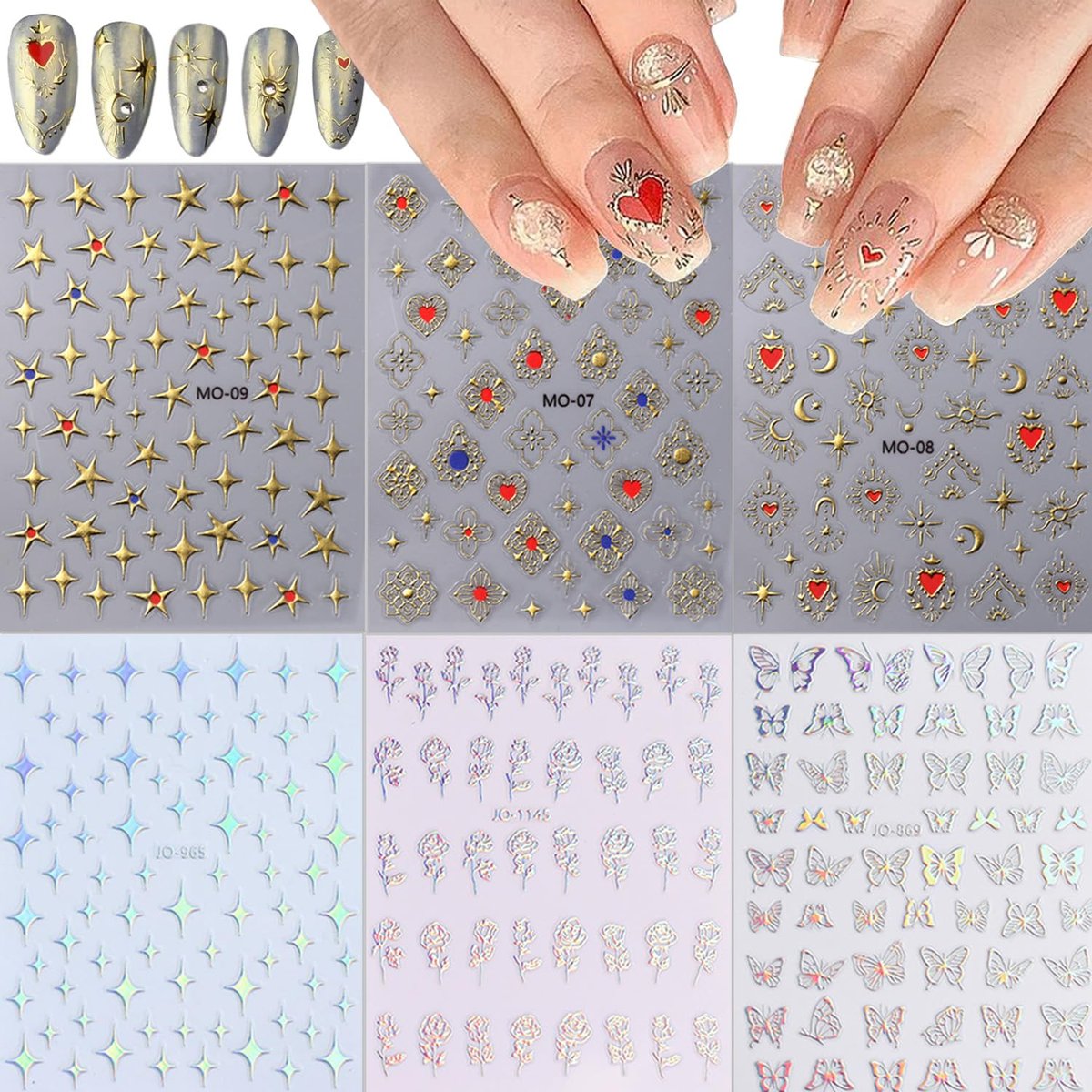 6 Sheets 3D Holographic Rose Butterfly Nail Art Stickers - Gold Sun Moon Star Decals, Laser Designs for Women - görsel 1