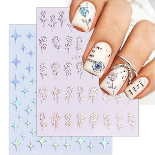 6 Sheets 3D Holographic Rose Butterfly Nail Art Stickers - Gold Sun Moon Star Decals, Laser Designs for Women - görsel 10