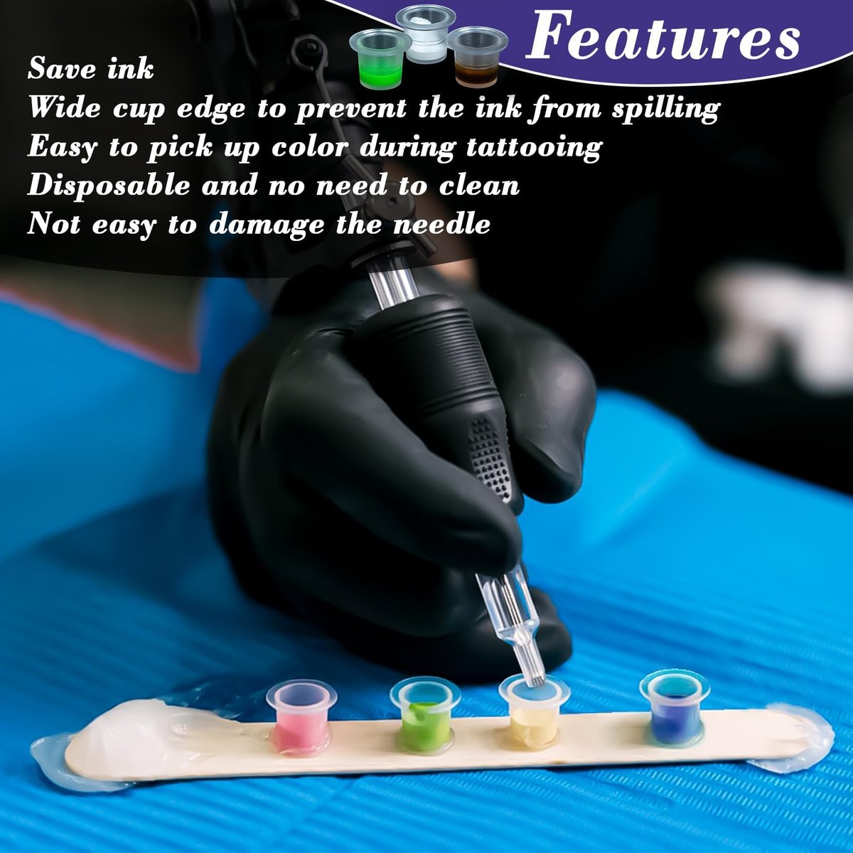 RAQEHO 100PCS Plastic Tattoo Ink Cups - Small Non-Spill Ink Caps for Precise Tattooing, Durable & Lightweight Tattoo Accessories - görsel 4