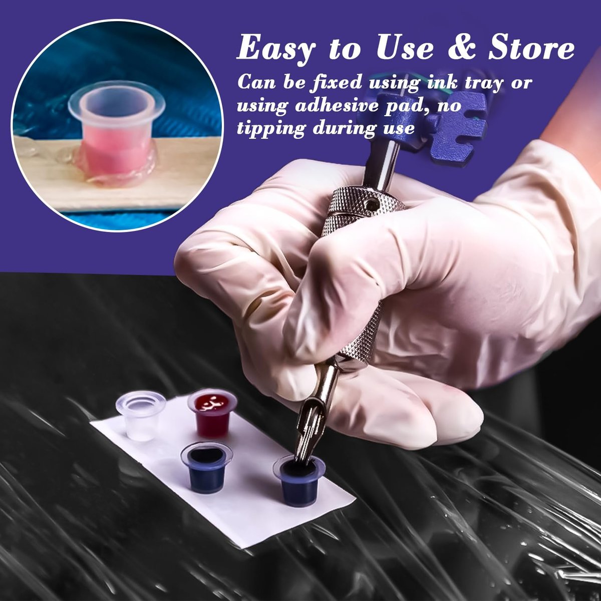 RAQEHO 100PCS Plastic Tattoo Ink Cups - Small Non-Spill Ink Caps for Precise Tattooing, Durable & Lightweight Tattoo Accessories - görsel 6