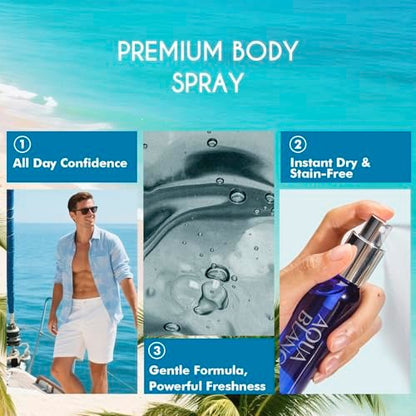 AQUA BLANCE Men's Body Spray Travel Size 3-Pack - Long Lasting 2.1 Fl Oz Each - Notes of Lemon, Amber, Oud & Leather