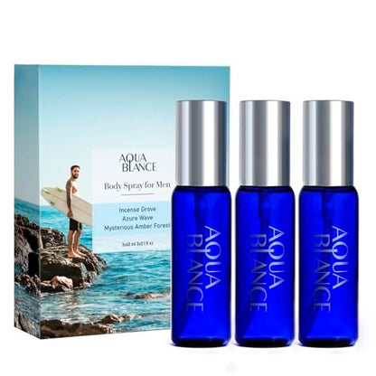 AQUA BLANCE Men's Body Spray Travel Size 3-Pack - Long Lasting 2.1 Fl Oz Each - Notes of Lemon, Amber, Oud & Leather