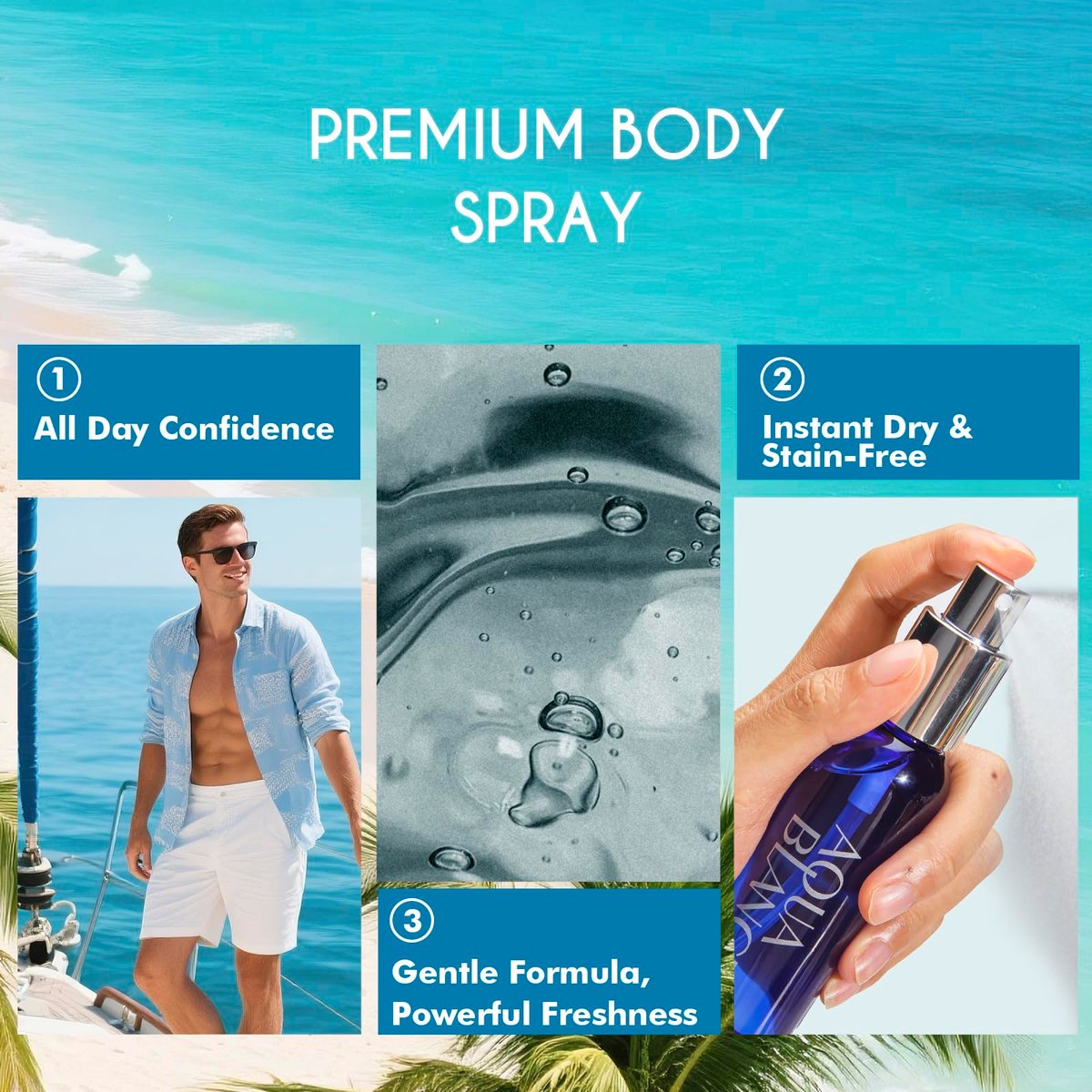 AQUA BLANCE Men's Body Spray Travel Size 3-Pack - Long Lasting 2.1 Fl Oz Each - Notes of Lemon, Amber, Oud & Leather - görsel 13
