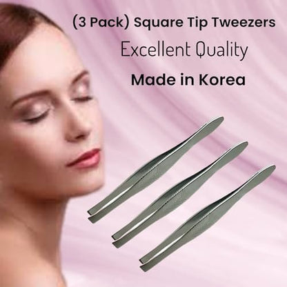 3 Vintage Style Square Tip Ribbed Professional Tweezers for Eyebrows – Premium Precision Stainless Steel for Facial Hair, Splinter, Ingrown Hair Removal – Made in Korea