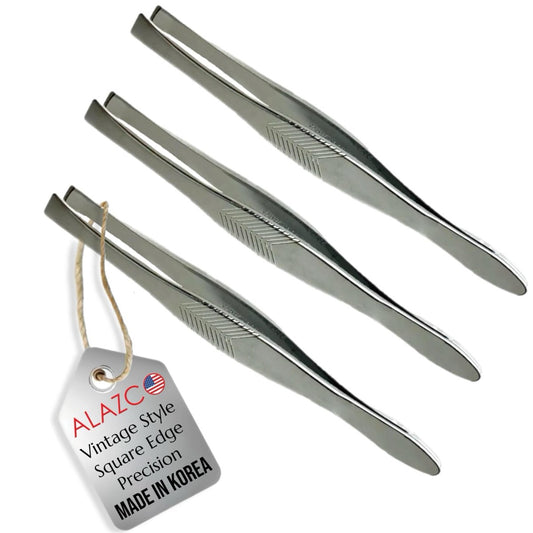 3 Vintage Style Square Tip Ribbed Professional Tweezers for Eyebrows – Premium Precision Stainless Steel for Facial Hair, Splinter, Ingrown Hair Removal – Made in Korea