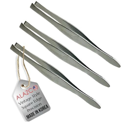3 Vintage Style Square Tip Ribbed Professional Tweezers for Eyebrows – Premium Precision Stainless Steel for Facial Hair, Splinter, Ingrown Hair Removal – Made in Korea