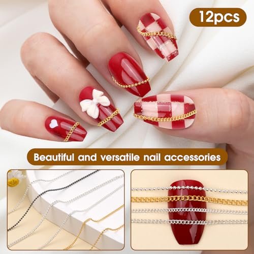 Hariendny 12 Strips Nail Chain Charms - Gold, Silver & Dark Gray Metal Nail Art Chains for DIY Manicure Decorations - görsel 6