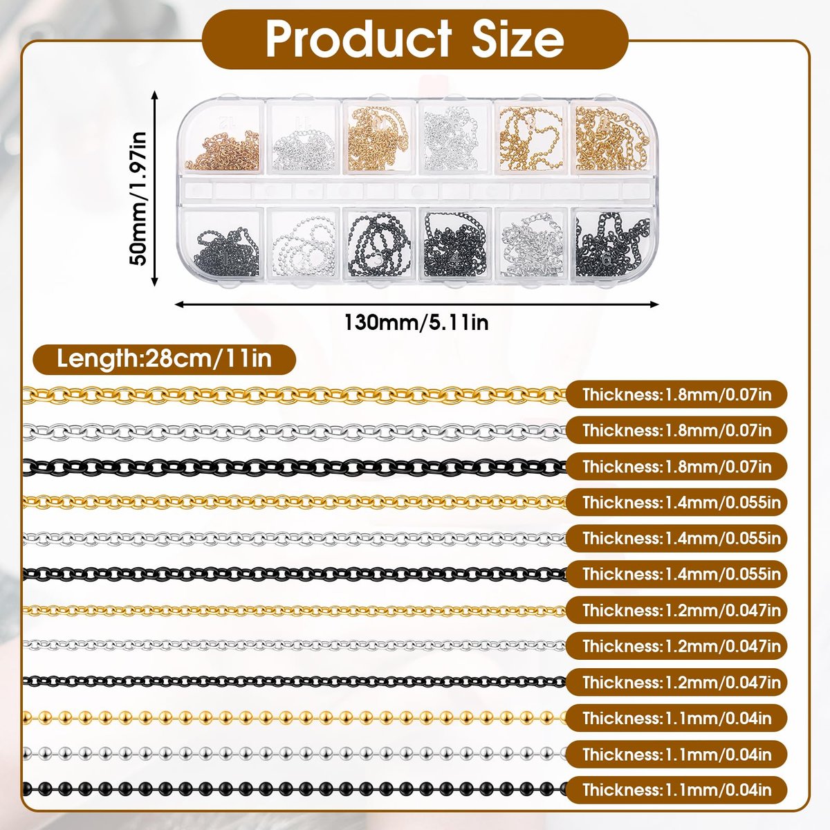 Hariendny 12 Strips Nail Chain Charms - Gold, Silver & Dark Gray Metal Nail Art Chains for DIY Manicure Decorations - görsel 3