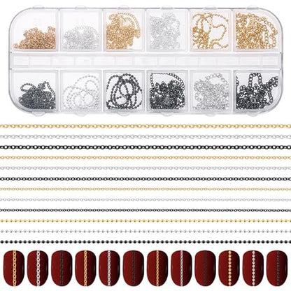 Hariendny 12 Strips Nail Chain Charms - Gold, Silver & Dark Gray Metal Nail Art Chains for DIY Manicure Decorations