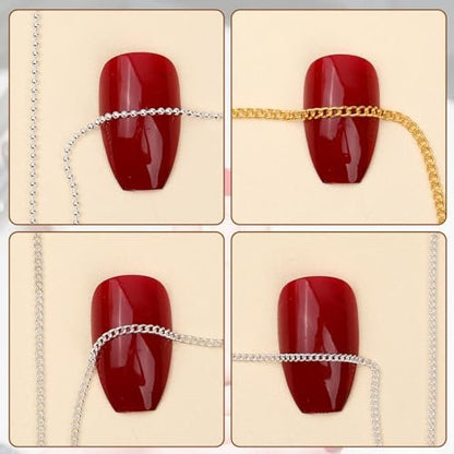 Hariendny 12 Strips Nail Chain Charms - Gold, Silver & Dark Gray Metal Nail Art Chains for DIY Manicure Decorations