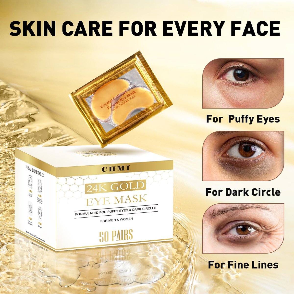 CHMI 24K Gold Under Eye Patches - 100 Pairs for Puffy Eyes, Dark Circles, Eye Bags & Wrinkles - Collagen Infused Hydrogel Eye Mask - görsel 3