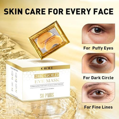 CHMI 24K Gold Under Eye Patches - 100 Pairs for Puffy Eyes, Dark Circles, Eye Bags & Wrinkles - Collagen Infused Hydrogel Eye Mask