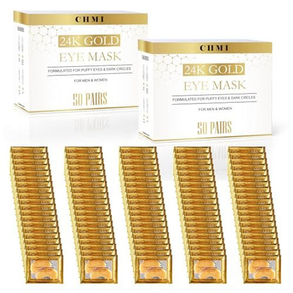 CHMI 24K Gold Under Eye Patches - 100 Pairs for Puffy Eyes, Dark Circles, Eye Bags & Wrinkles - Collagen Infused Hydrogel Eye Mask