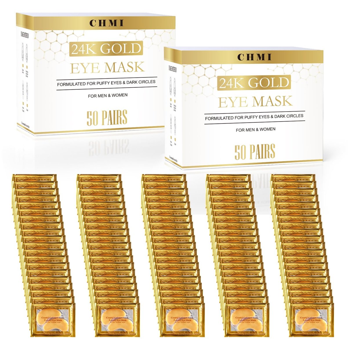 CHMI 24K Gold Under Eye Patches - 100 Pairs for Puffy Eyes, Dark Circles, Eye Bags & Wrinkles - Collagen Infused Hydrogel Eye Mask - görsel 1