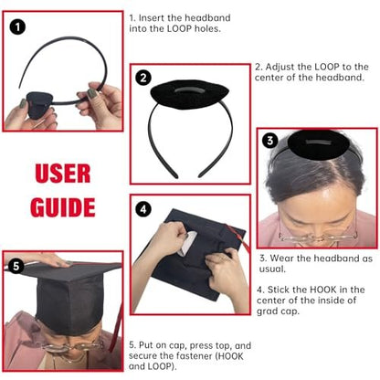 unibouti 2 Pcs Graduation Cap Headband - No-Slip Comfortable Grad Cap Headband Insert with Premium Hook and Loop Fastener, Reliable Grip for All-Day Ceremony, Fits Most Head Sizes (Black)