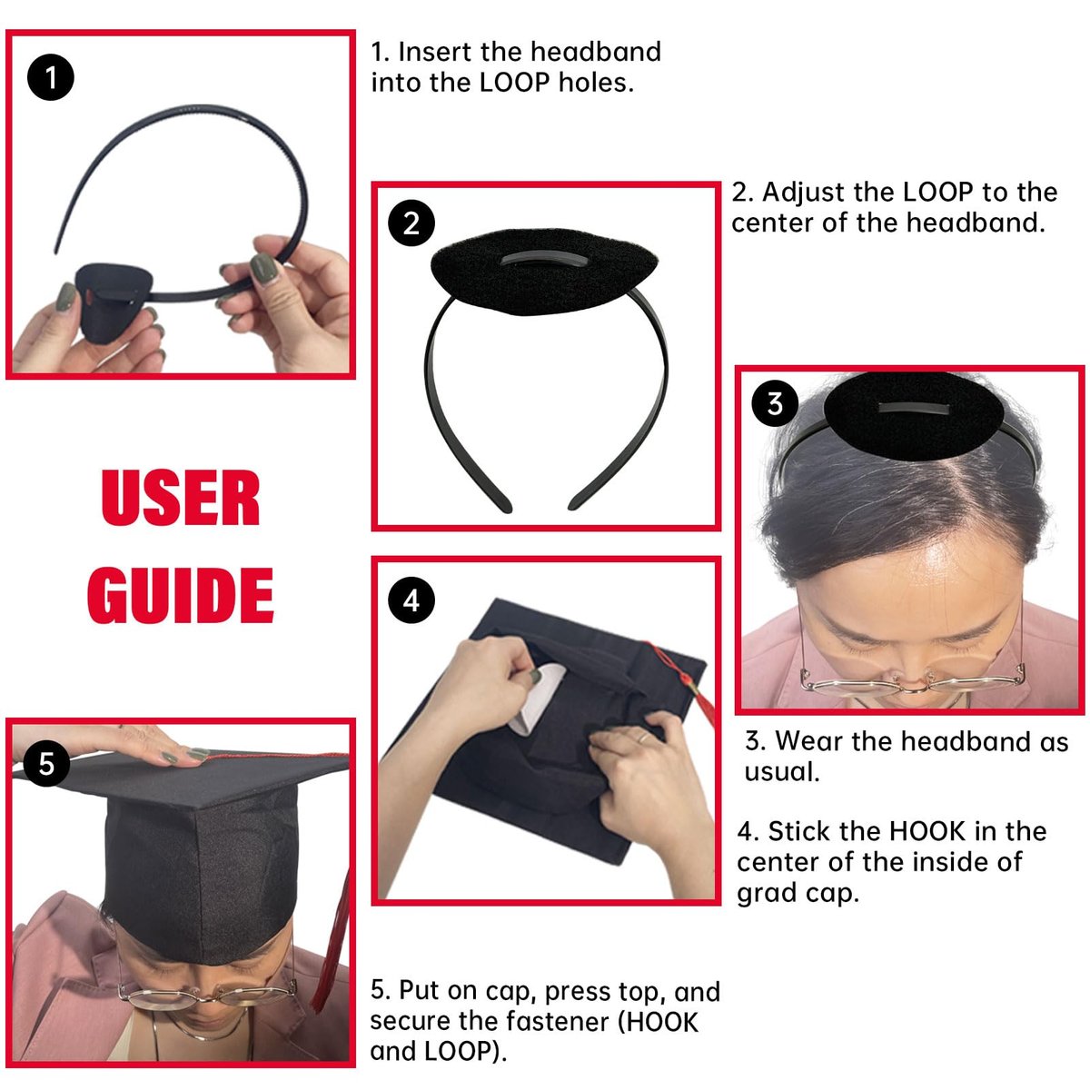 unibouti 2 Pcs Graduation Cap Headband - No-Slip Comfortable Grad Cap Headband Insert with Premium Hook and Loop Fastener, Reliable Grip for All-Day Ceremony, Fits Most Head Sizes (Black) - görsel 5