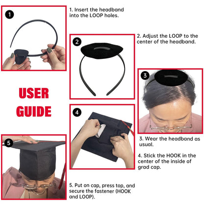 unibouti 2 Pcs Graduation Cap Headband - No-Slip Comfortable Grad Cap Headband Insert with Premium Hook and Loop Fastener, Reliable Grip for All-Day Ceremony, Fits Most Head Sizes (Black)