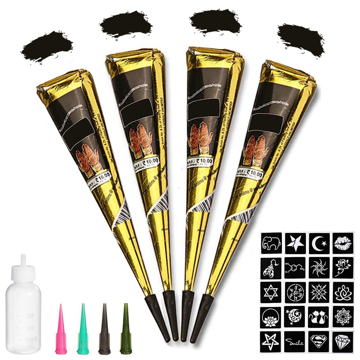 Yomagine 4Pcs Black Temporary Tattoo Kit – 100% Natural Ready-to-Use Tattoo Paste with 20 Adhesive Stencils, DIY Body Art for Women, Men & Teens Avelisse