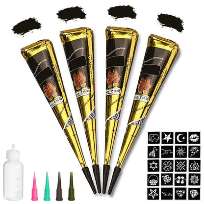 Yomagine 4Pcs Black Temporary Tattoo Kit – 100% Natural Ready-to-Use Tattoo Paste with 20 Adhesive Stencils, DIY Body Art for Women, Men & Teens Avelisse