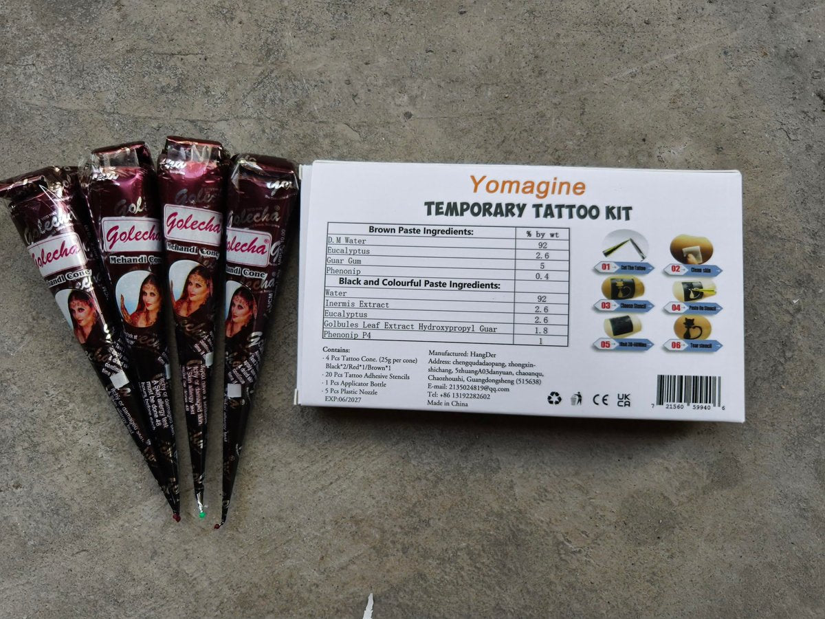 Yomagine Temporary Tattoos Kit – 4 Semi Permanent Tattoo Paste Cones, 3 Colors, 20 Stencils, DIY Body Art for Women, Men & Teens Avelisse