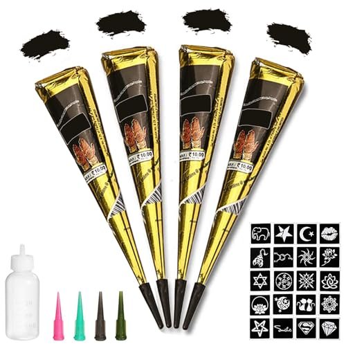 Yomagine 4Pcs Black Temporary Tattoo Kit – 100% Natural Ready-to-Use Tattoo Paste with 20 Adhesive Stencils, DIY Body Art for Women, Men & Teens Avelisse