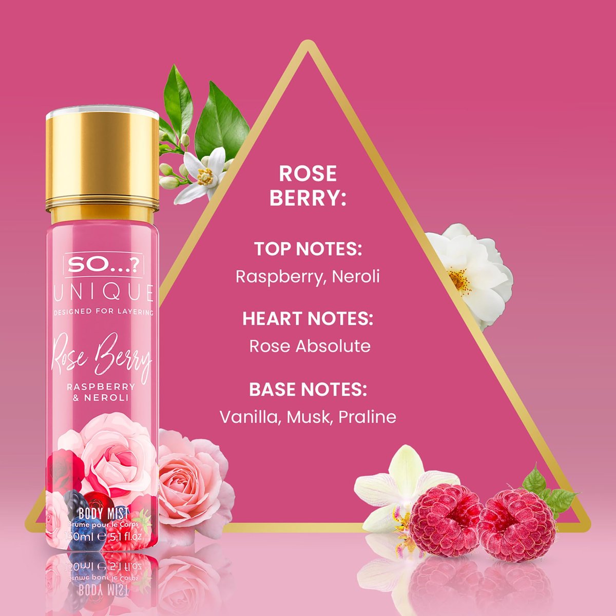 So...? Unique Rose Berry Body Mist - Floral Fruity Body Spray for Women - Vegan Perfume with Rose, Vanilla, Musk Notes - 5.1 oz - görsel 3