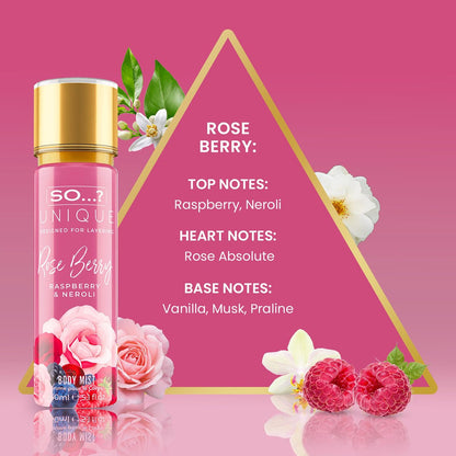 So...? Unique Rose Berry Body Mist - Floral Fruity Body Spray for Women - Vegan Perfume with Rose, Vanilla, Musk Notes - 5.1 oz