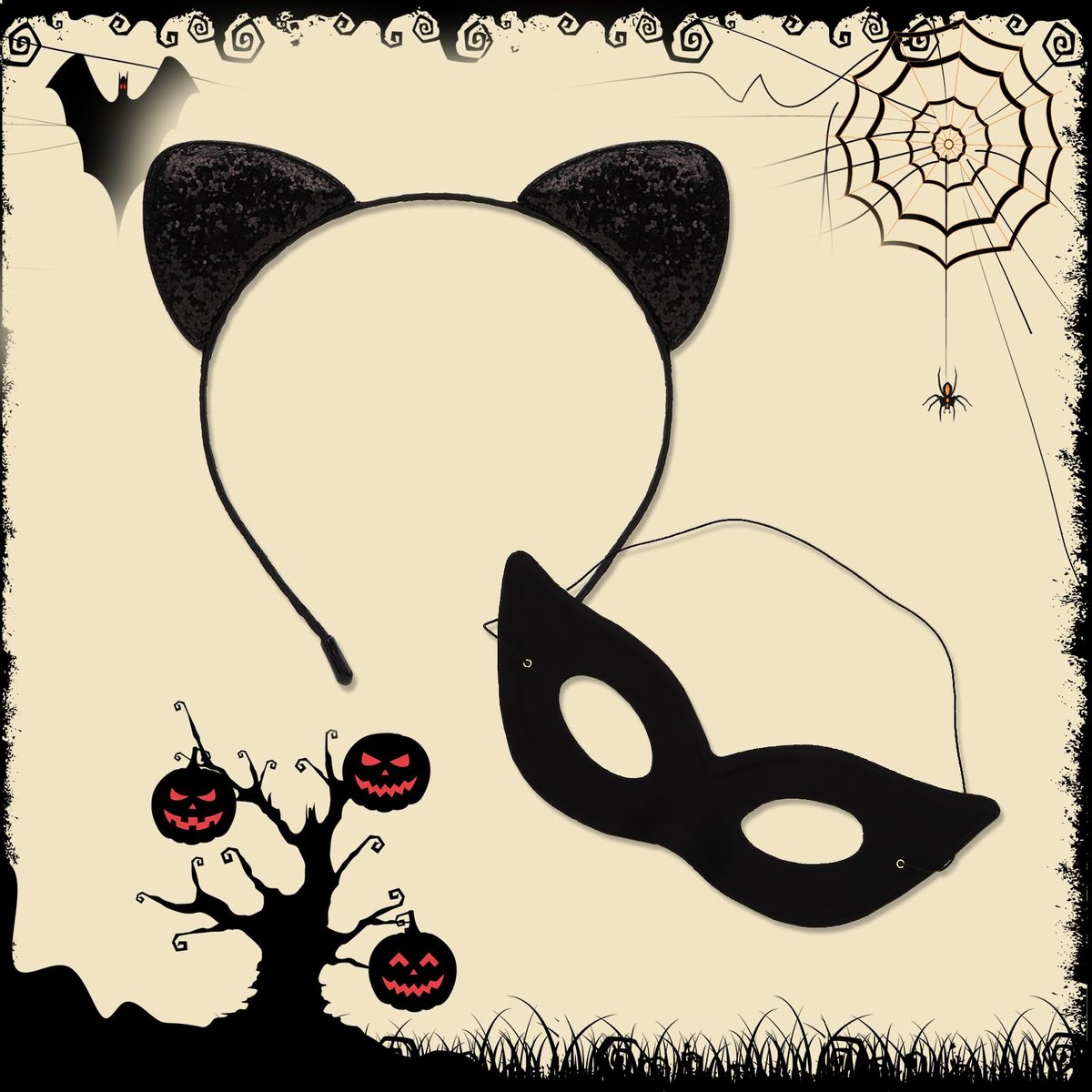 Black Cat Ears Headband and Mask Set – Halloween Costume Accessories for Adults - görsel 5