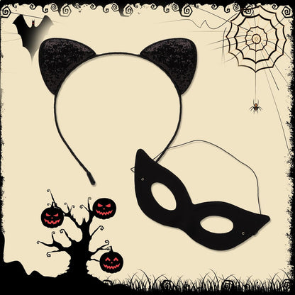 Black Cat Ears Headband and Mask Set – Halloween Costume Accessories for Adults
