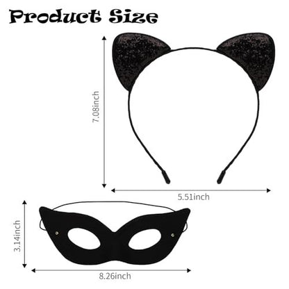 Black Cat Ears Headband and Mask Set – Halloween Costume Accessories for Adults