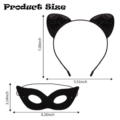 Black Cat Ears Headband and Mask Set – Halloween Costume Accessories for Adults