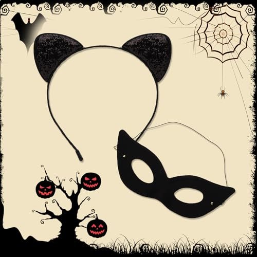 Black Cat Ears Headband and Mask Set – Halloween Costume Accessories for Adults - görsel 6
