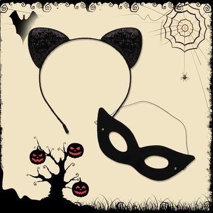Black Cat Ears Headband and Mask Set – Halloween Costume Accessories for Adults
